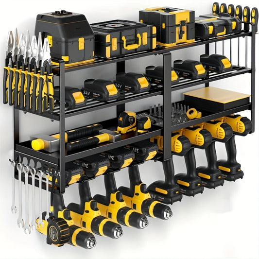 Wall Mounted Power Tool Organizer Rack – Heavy Duty Metal Drill Holder with 2/3/4 Layer Floating Shelf | Garage Tool Storage for Cordless Drills, Screwdrivers & Power Tools | No Electricity Needed