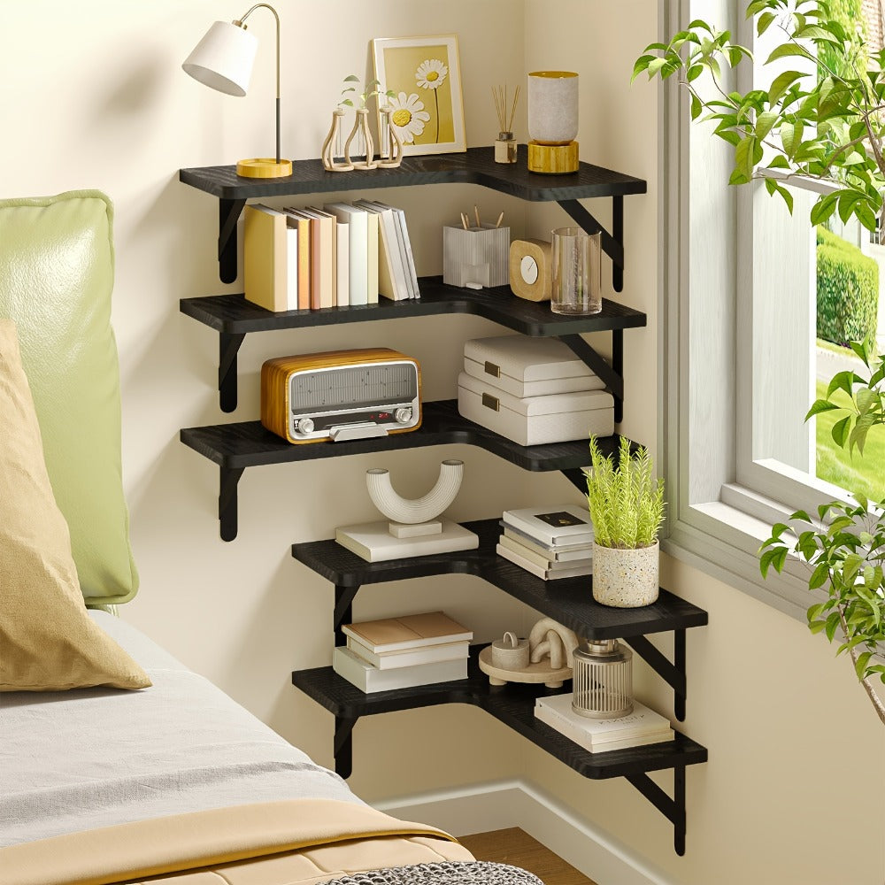 Corner Wall Shelf Set with L-Shaped Boards, Metal Brackets, Five- or Six-Piece Options and Seven Finishes
