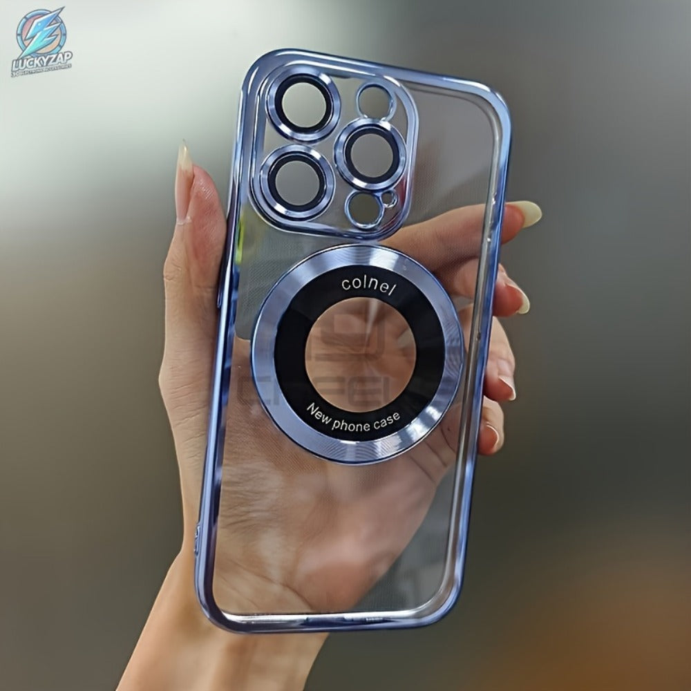 Electroplated Transparent iPhone Case with Hollow Logo Display Built-In Lens Film Magnetic Wireless Charging Shockproof TPU Cover for iPhone 17 16 15 14 13 12 11 Air Pro Max Plus – Luxury Metallic Finish