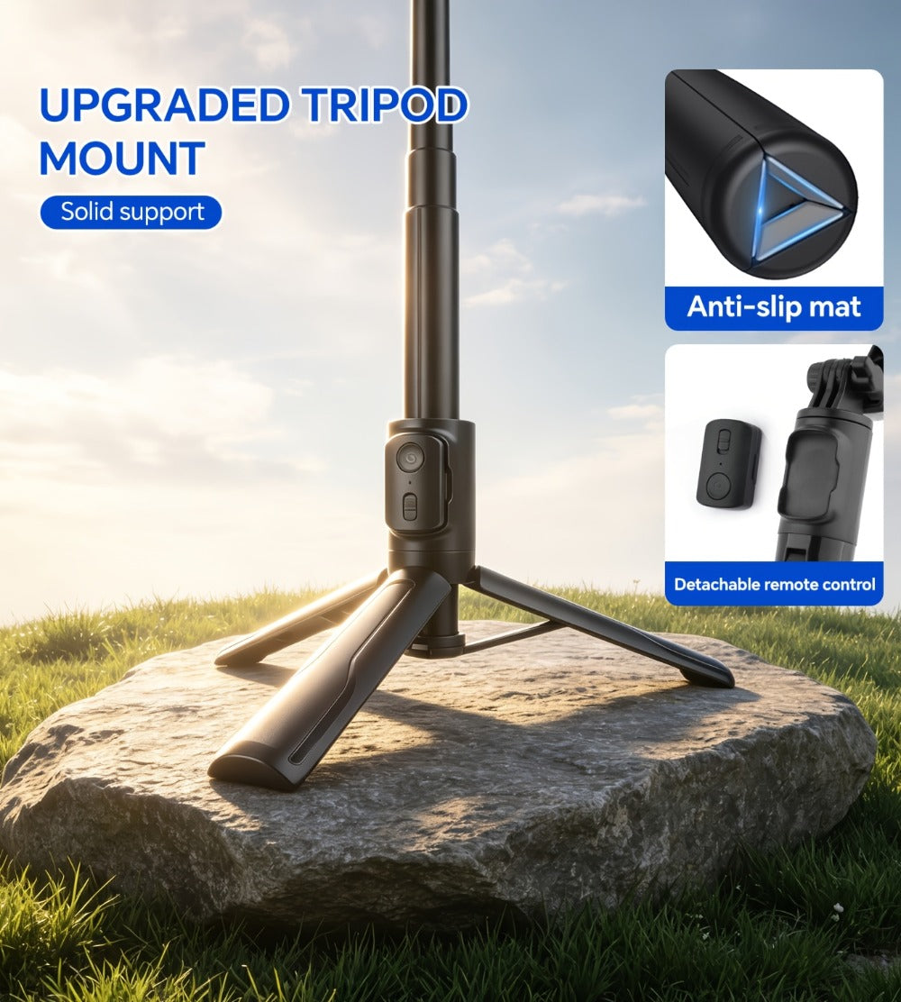 Black Selfie Stick Tripod with Telescoping Pole, Rotating Phone Clamp, Fold-Out Base and Remote