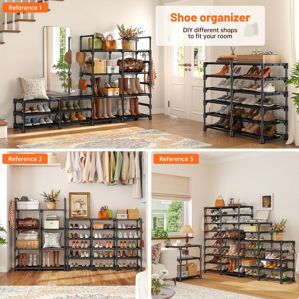Shoe Rack 4-Row 9-Tier Metal Organizer for Up to 64 Pairs with Modular Black Freestanding Design
