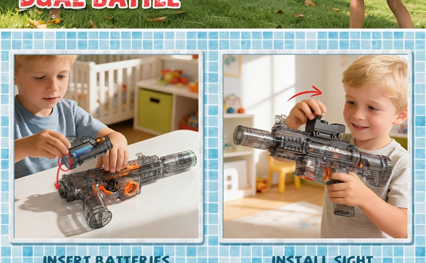 Electric Water Blaster with Detachable Round Reservoir, Sight Accessory and Black or Blue Body