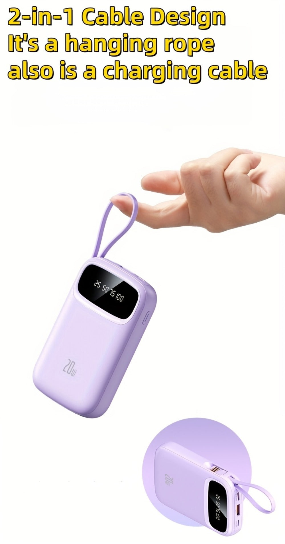 Power Bank 10000mAh with Three Built-In Cables, 5W/15W/22.5W Options, Digital Display and Lanyard