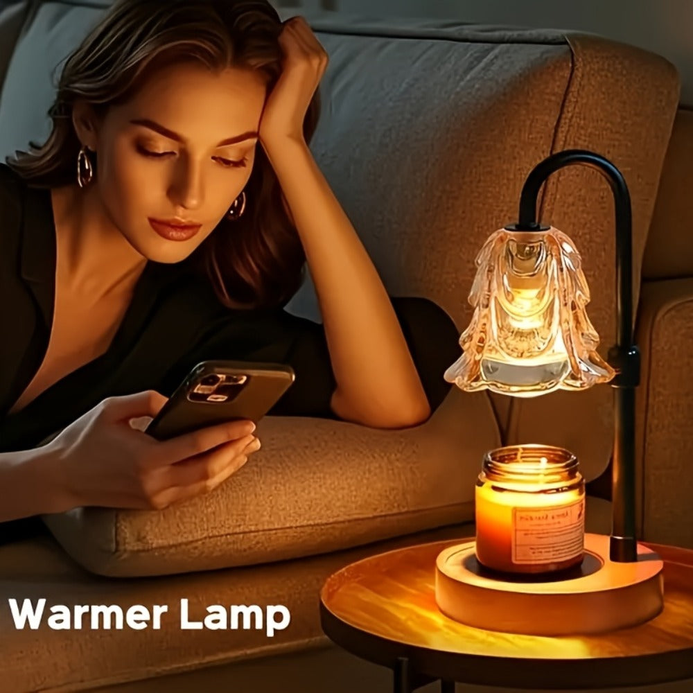 Two-Pack Gold Candle Warmer Lamps with Fluted Glass Shades, Wood-Look Bases and Adjustable 10.6–35 cm Posts