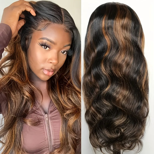 200% Density Lace Front Wig Human Hair Brown Highlights Long Wavy Pre-Plucked Glueless Heat Friendly Black Brown Highlighted Wig 12 14 16 18 32 Inch for Women