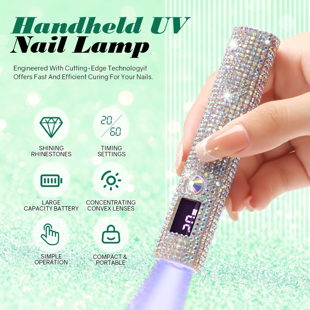 Rhinestone Handheld UV/LED Nail Lamp with 365nm/405nm Markings, 20s/60s Timers and USB Charging
