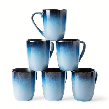 Six-Piece Blue Gradient Coffee Mug Set with Straight Handles and 14-Ounce Capacity Label Pictured