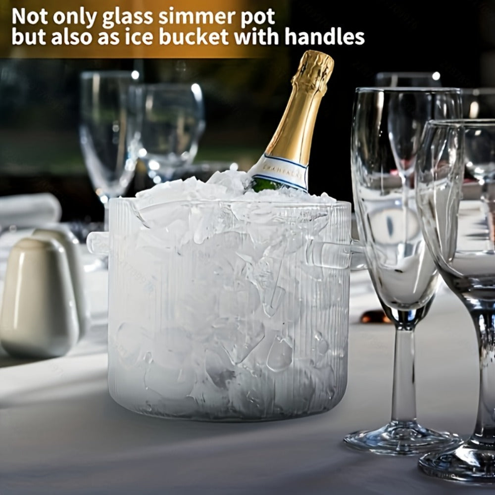 Ribbed Transparent Glass Cooking Pot with Lid in 60.87oz or 77.77oz Sizes, Clear Side Handles and Pouring Spout