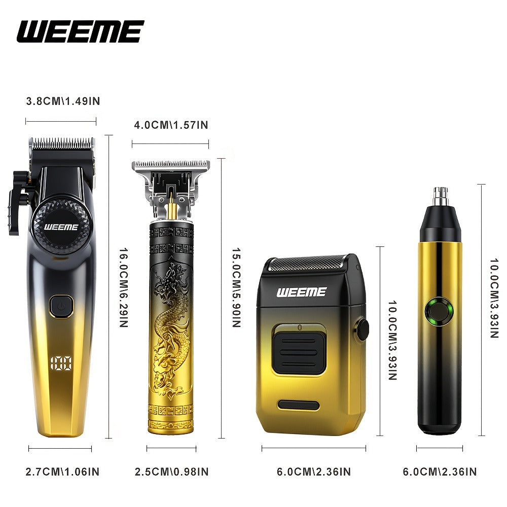 4-Piece Grooming Kit for Men USB Rechargeable Electric Shaver Beard Trimmer Nose Hair Trimmer Hair Clipper System with 8 Guide Combs Gradient Golden Gift for Dad Boyfriend Husband Holiday Travel