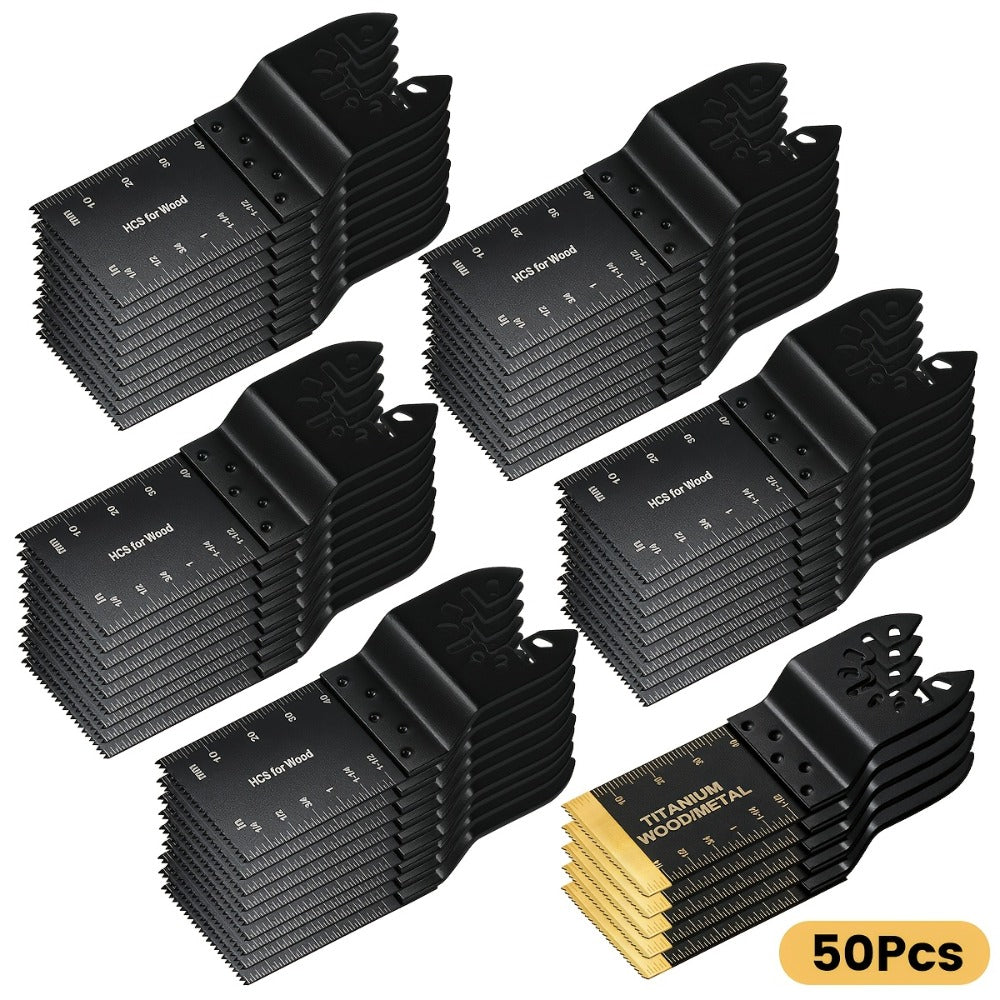 Oscillating Multi-Tool Blade Set with Titanium-Coated Quick-Release Blades in 18, 28 or 50-Piece Options