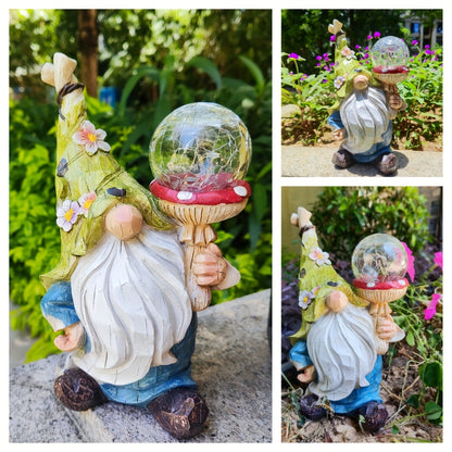 11-Inch Solar Garden Gnome Statue with Illuminated Globe, Blue Robe and Integrated Rear Panel