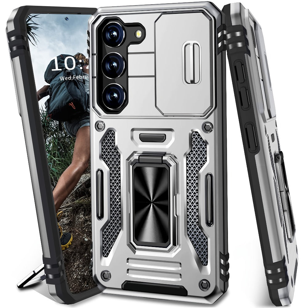 Samsung Galaxy Shockproof Magnetic Phone Case with 360° Rotating Ring Bracket & Sliding Lens Protector – Heavy Duty Cover for S24FE S23FE S22 S21FE Ultra A55 A54 A35 A34 A25 A24 A16 A15 A14 A06 A05 A05S 5G
