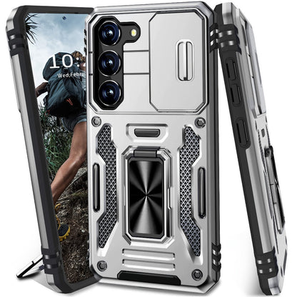 Samsung Galaxy Shockproof Magnetic Phone Case with 360° Rotating Ring Bracket & Sliding Lens Protector – Heavy Duty Cover for S24FE S23FE S22 S21FE Ultra A55 A54 A35 A34 A25 A24 A16 A15 A14 A06 A05 A05S 5G
