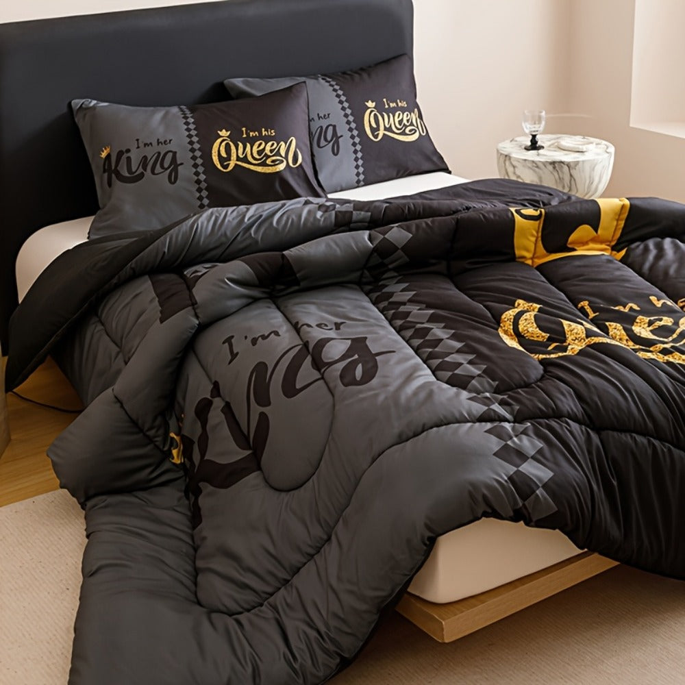 King and Queen Crown Print Comforter Set in Black or Red with Twin, Full, Queen and King Sizes