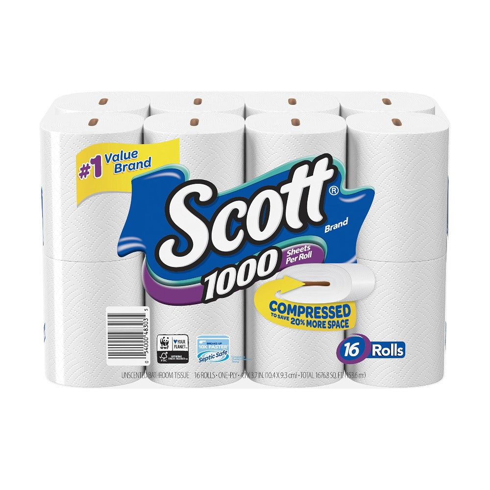 18-Roll One-Ply Toilet Paper Pack with 1,000 Sheets Per Roll for Home, Office and RV Bathrooms