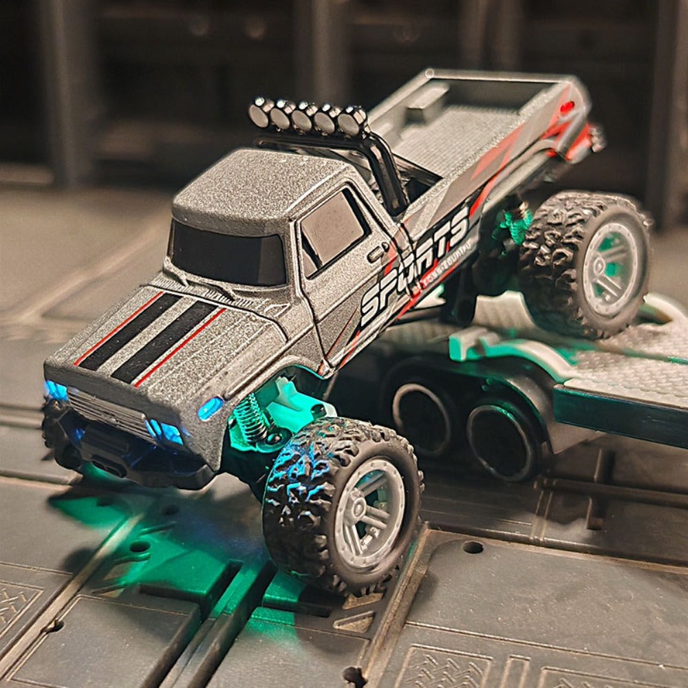 Mini RC Monster Truck 1:64 Scale with Matching Trailer, 2.4GHz Controller, LED Details and Three Color Options