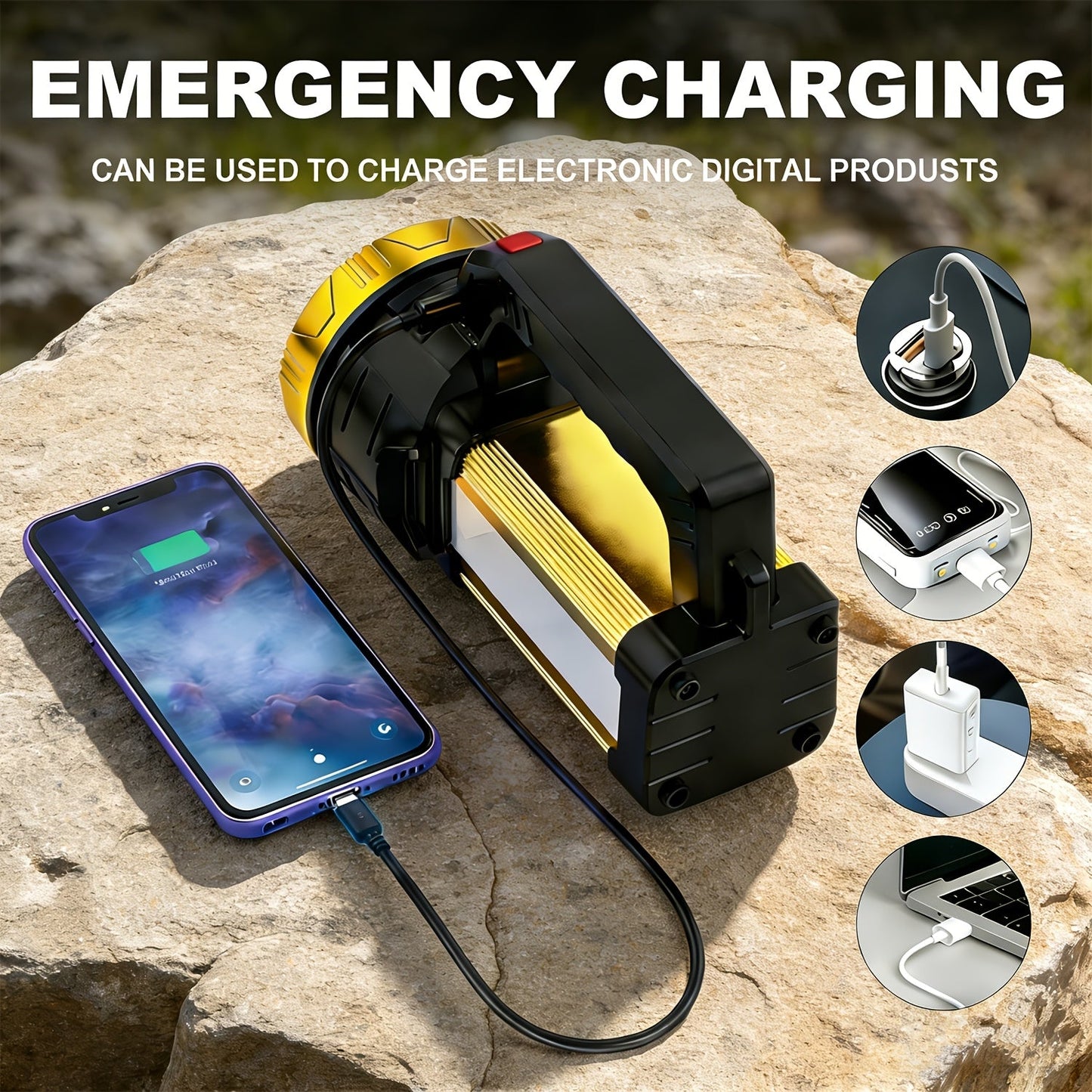 Flashlight 2000-Lumen Rechargeable Searchlight with 2400mAh Battery, Side Lantern and USB Output