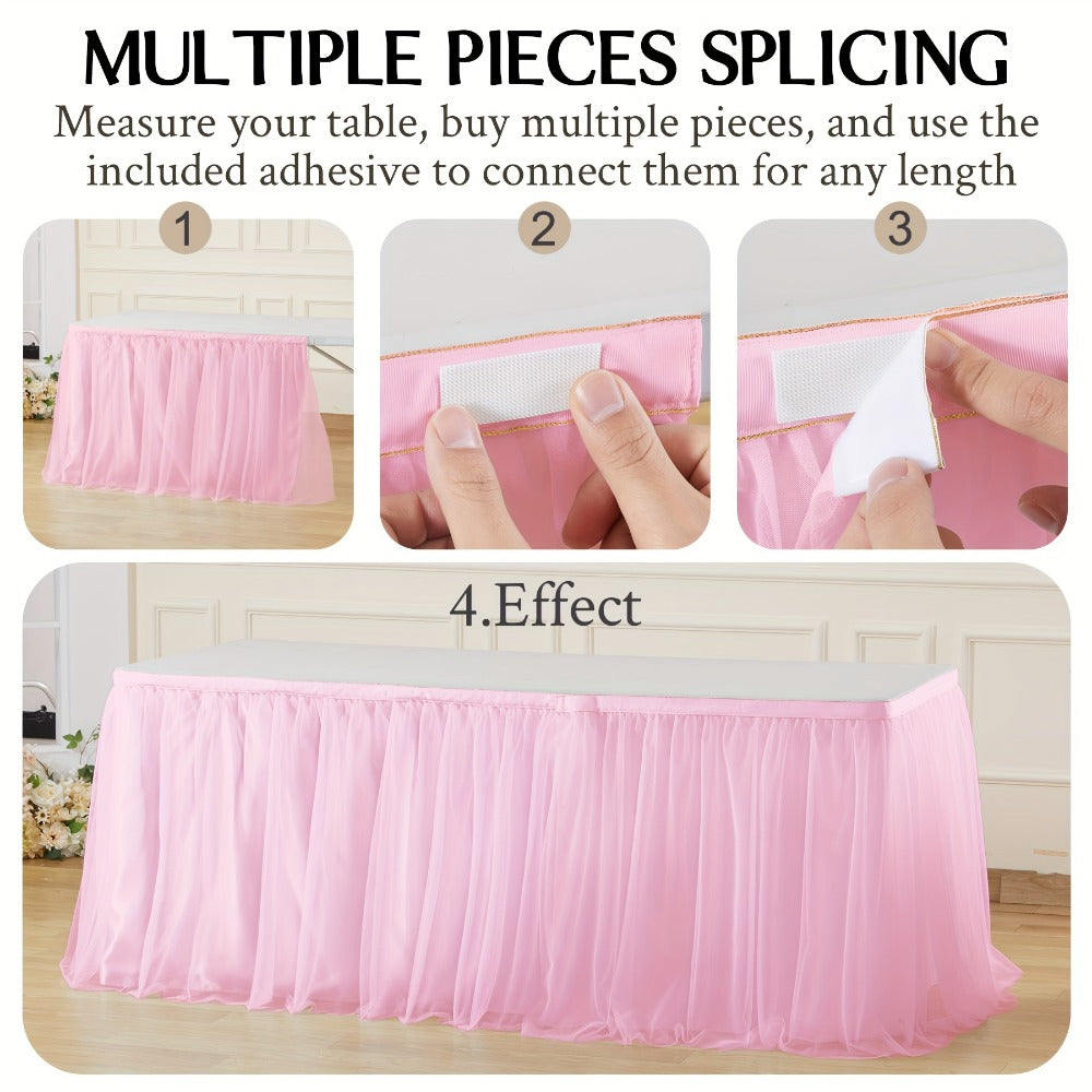 Pink Tutu Table Skirt 6ft – Ruffle Tulle Table Skirt for Rectangle & Round Tables, Princess Girls Birthday Party, Cake Dessert Table Decor, Gold Brim, Multiple Colors Available