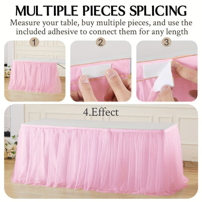 Pink Tutu Table Skirt 6ft – Ruffle Tulle Table Skirt for Rectangle & Round Tables, Princess Girls Birthday Party, Cake Dessert Table Decor, Gold Brim, Multiple Colors Available