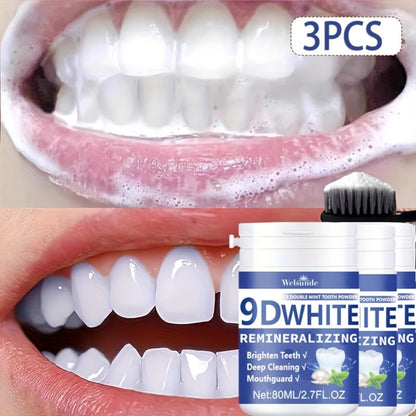 Teeth Whitening Tooth Powder 3-Pack – 9D White Deep Cleaning Dental Powder with Fresh Mint Flavor, 80ml Each, Removes Stains, Freshens Breath, Travel-Friendly Daily Dentifrice for Women and Men