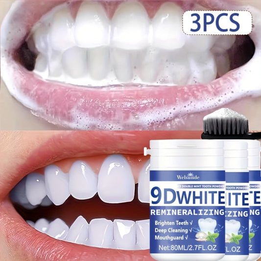 Teeth Whitening Tooth Powder 3-Pack – 9D White Deep Cleaning Dental Powder with Fresh Mint Flavor, 80ml Each, Removes Stains, Freshens Breath, Travel-Friendly Daily Dentifrice for Women and Men