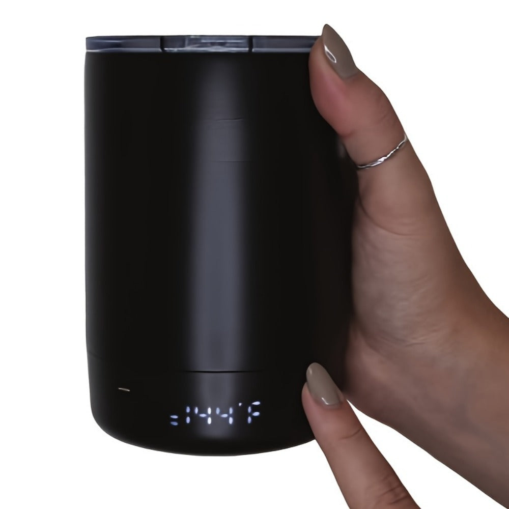 Black Powered Coffee Mug with Handle, Clear Lid, Bottom Display and USB-C Charging, 12-Ounce Label