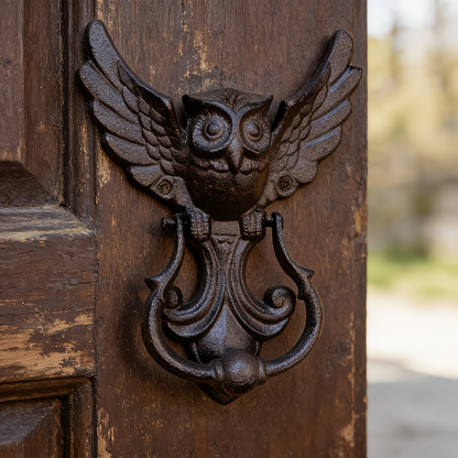 Winged Owl Door Knocker with Pictured 8.86-Inch Height, Ring Handle and Rustic Dark Finish