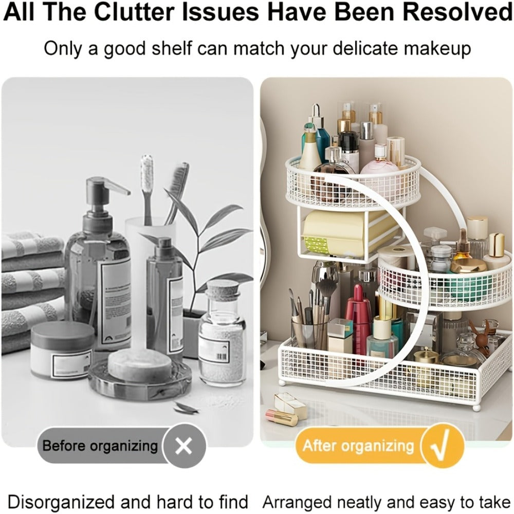 Three-Tier Metal Cosmetic Organizer with Tissue Box Holder in Black or White for Countertop Storage