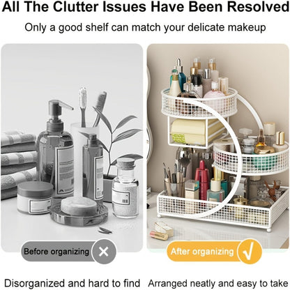 Three-Tier Metal Cosmetic Organizer with Tissue Box Holder in Black or White for Countertop Storage