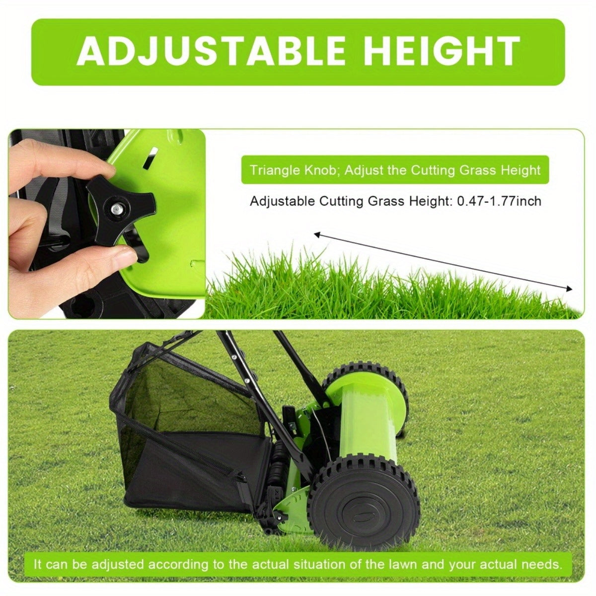 Manual Reel Lawn Mower 5-Blade Push Mower 11.8-Inch Cutting Width Adjustable Height 0.47"-1.77" with 6-Gallon Grass Catcher & Durable Steel Wheels for Residential Lawn