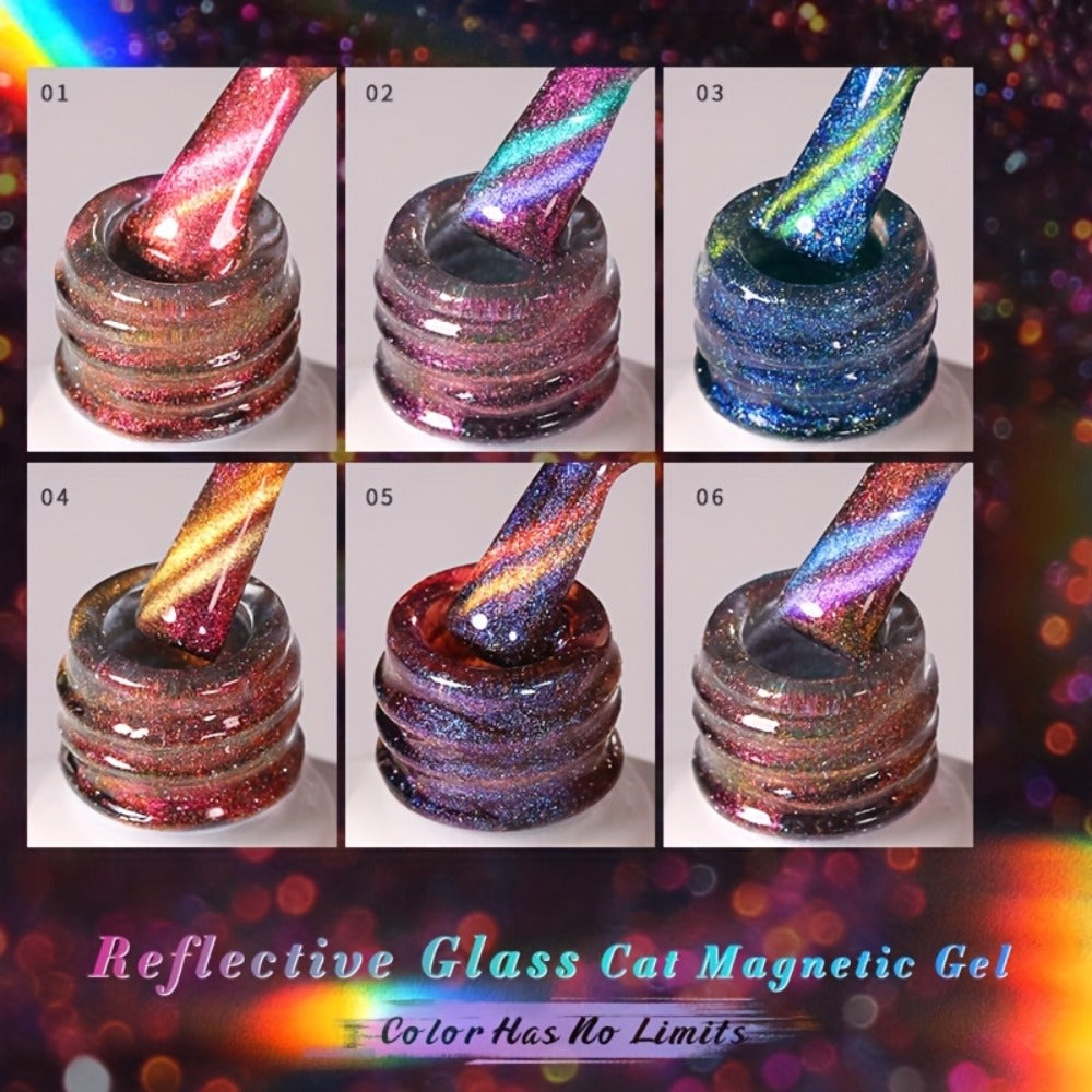 Cat Eye Gel Polish Set 6pcs BORN PRETTY Double Light Reflective Magnetic - Sparkling Rainbow Glass Cat Eye Effect Soak Off UV LED Gel 10ml Each Long Lasting Salon & Home DIY Manicure Kit for Women