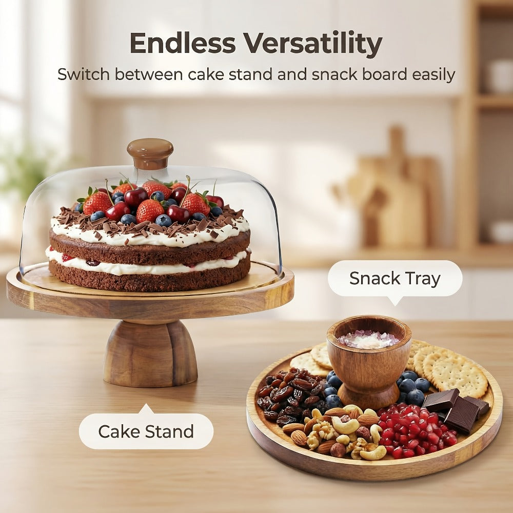Acacia Wood Cake Stand with Clear Acrylic Dome, 11.8-Inch Round Reversible Serving Board and Pedestal Base