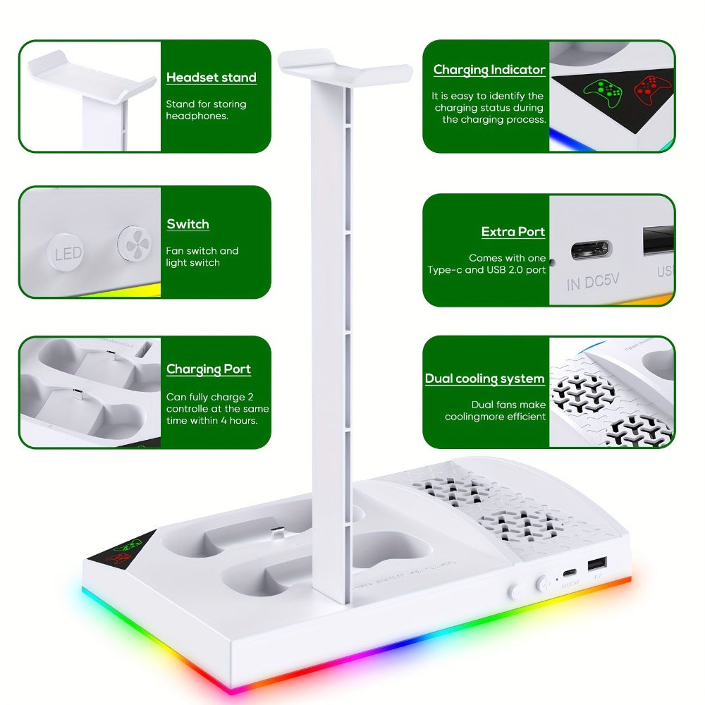 Xbox Series S Cooling Stand RGB with 15 Colorful Lights, Dual Controller Charging Station & Cooler Base – Includes 2x 1400mAh Rechargeable Batteries, Upgraded Fan Cooler for Xbox Series S Console