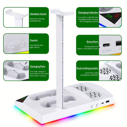 Xbox Series S Cooling Stand RGB with 15 Colorful Lights, Dual Controller Charging Station & Cooler Base – Includes 2x 1400mAh Rechargeable Batteries, Upgraded Fan Cooler for Xbox Series S Console