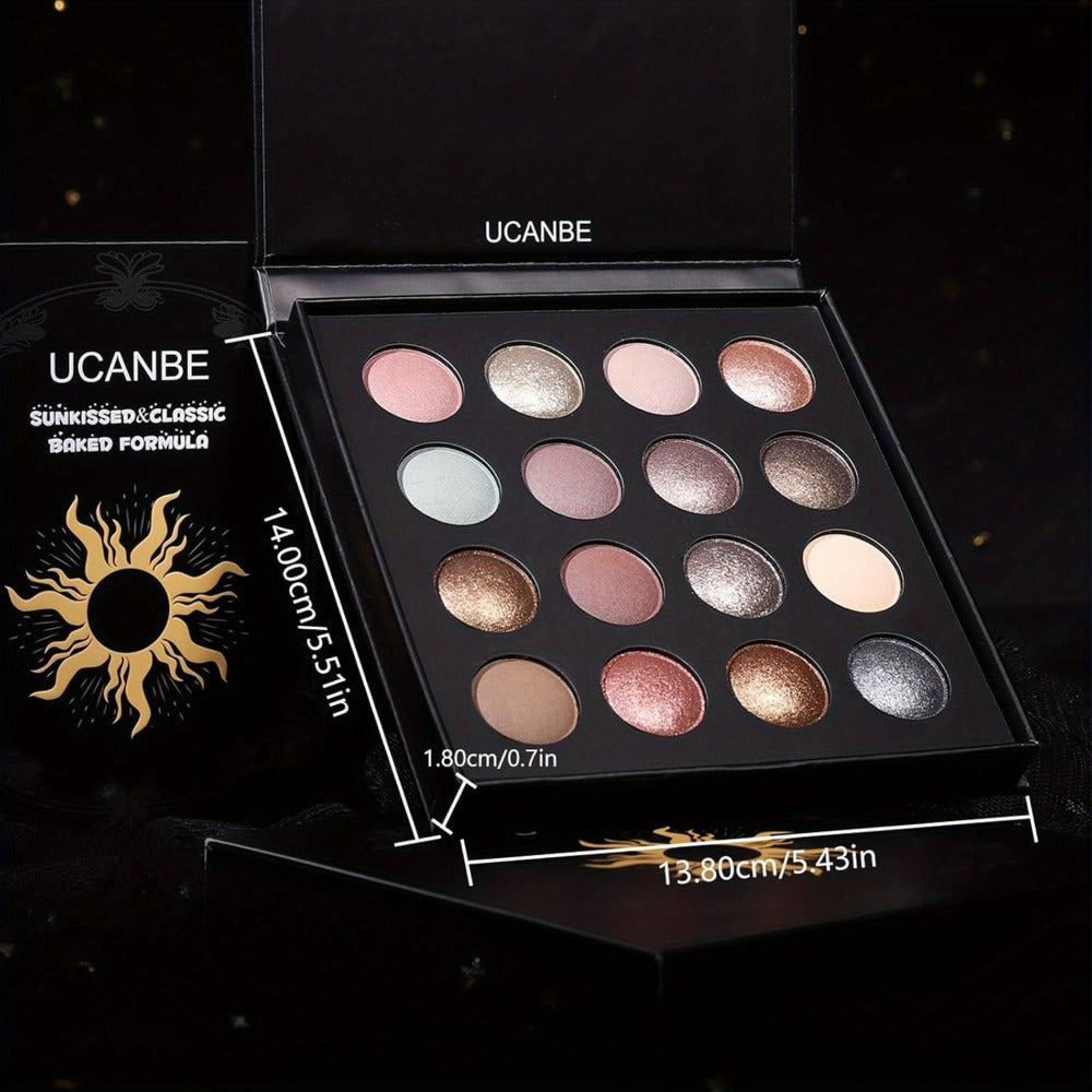 Eyeshadow Palette UCANBE 16-Shade Black Case with Matte-Shimmer-Metallic Mix and 15-Brush Set