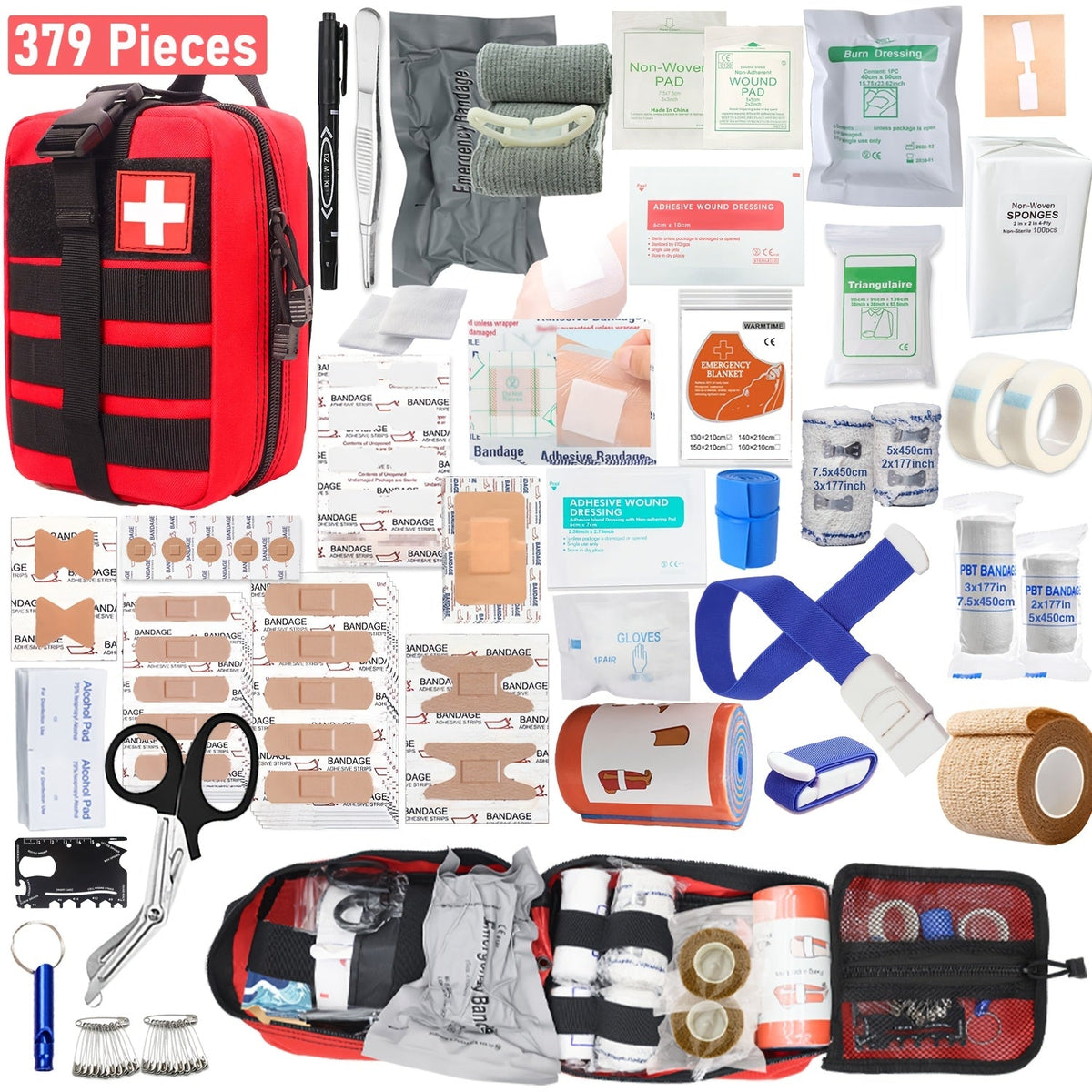 379-Piece First Aid Kit with Multi-Section Organizer Backpack, Internal Holders and Three Case Colors
