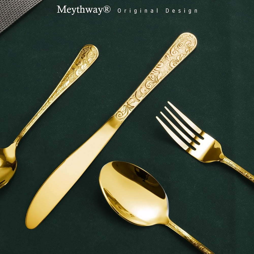 Flatware Set Stainless Steel Vintage Carved Cutlery Set Knife Fork Spoon for Family Gatherings Holiday Parties Kitchen Decor