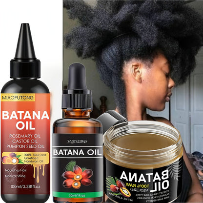 Batana Oil 3-Piece Hair Care Kit – Pure Cold-Pressed Honduras Batana Oil 3.38oz + Essential Oil 1.01oz + Hair Cream 120g, Scalp Repair, Anti-Breakage, All Hair Types