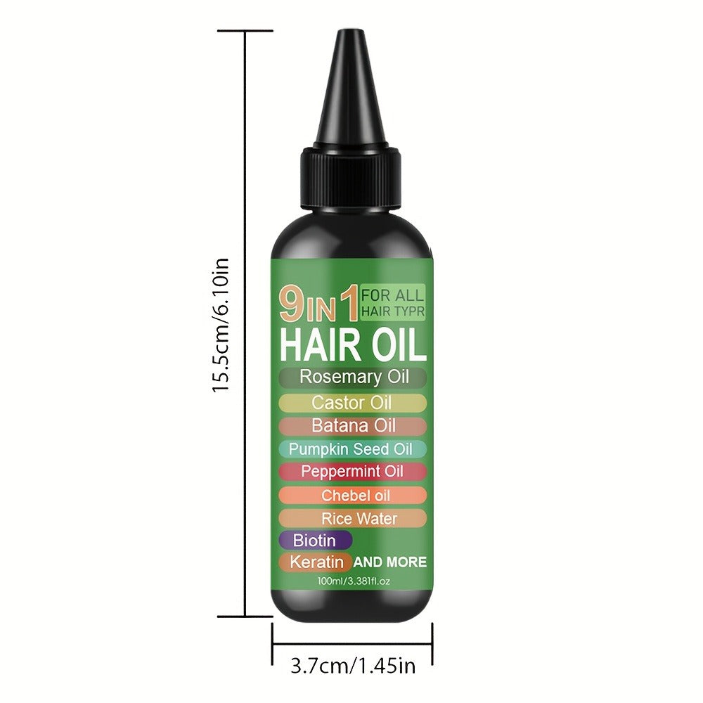 Rosemary 9-in-1 Hair and Scalp Oil, 100ml Nozzle Bottle with Rice Water, Batana, Castor and Biotin Labels