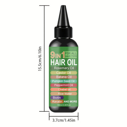 Rosemary 9-in-1 Hair and Scalp Oil, 100ml Nozzle Bottle with Rice Water, Batana, Castor and Biotin Labels