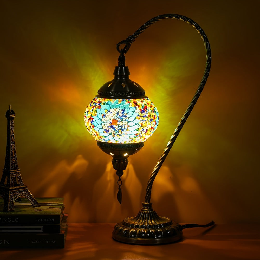 Mosaic Table Lamp Turkish Moroccan Style Handmade Swan Neck Glass Bedside Lamp 3 Color Modes LED Bulb Included Metal Base for Bedroom Living Room
