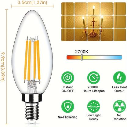 LED Candle Light Bulbs E12 Base B11 Dimmable 2700K Warm White 500 Lumens Clear Glass Vintage Filament Bulb for Chandelier Ceiling Fan Dining Room Living Room Bedroom Kitchen 12 Pack 24 Pack