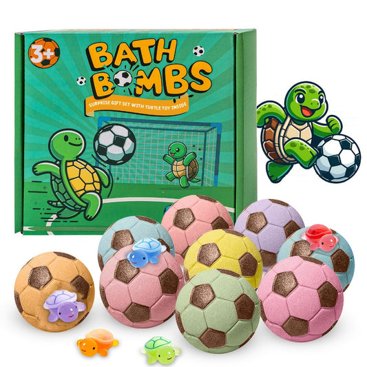 Soccer Ball Bath Bombs Gift Set 9 Pcs with Surprise Toys Inside - Lavender Scent Handmade Fizzy Bath Balls, Fun Spa Gift for Kids Boys Girls Soccer Fans, Birthday & Holiday Party Favor