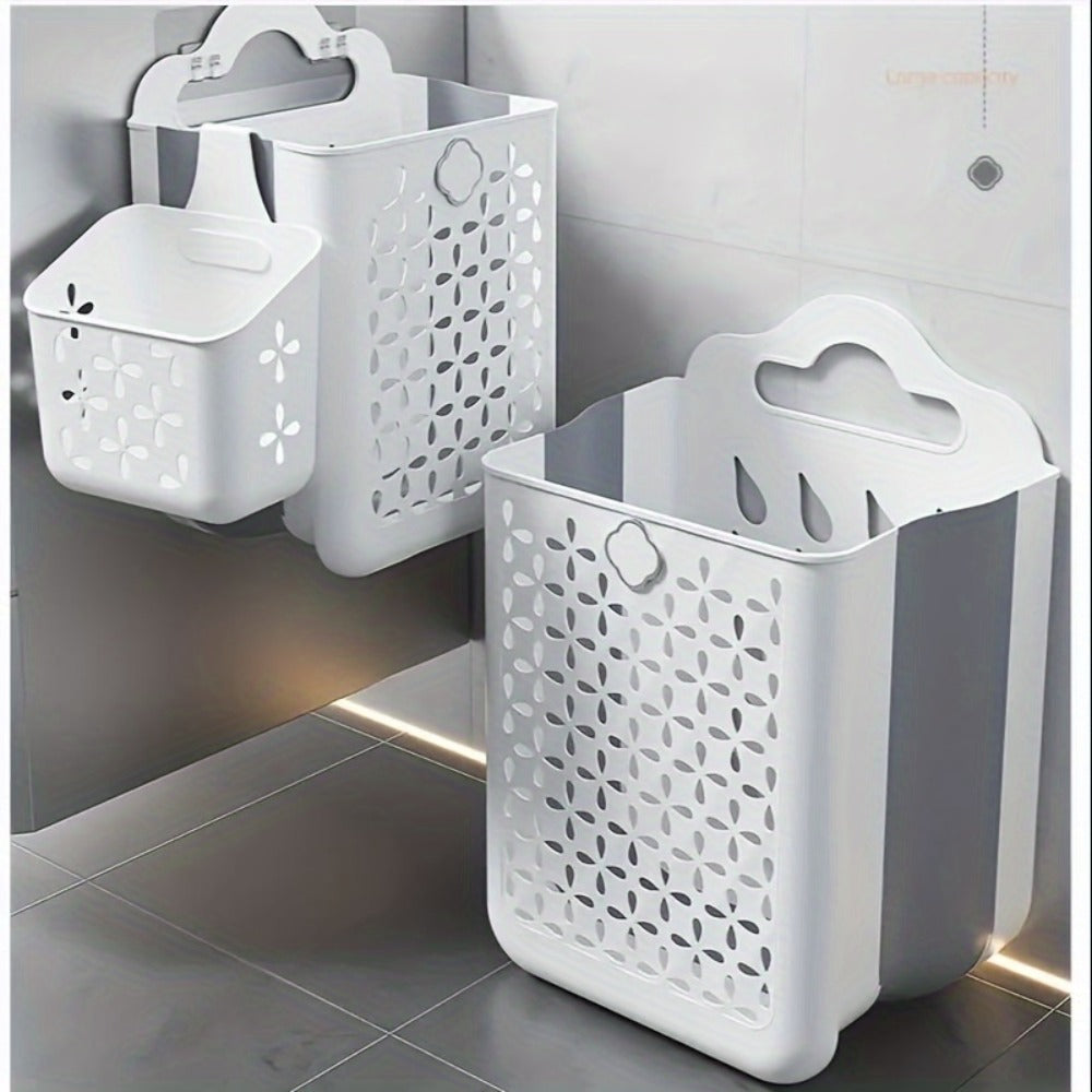 Foldable Laundry Basket Wall Mounted – No-Drill Plastic Storage Bin with Cutout Design for Clothes, Toys, Snacks & Fruits – Space-Saving Collapsible Organizer for Bathroom, Balcony & Bedroom