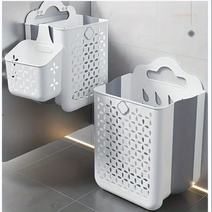 Foldable Laundry Basket Wall Mounted – No-Drill Plastic Storage Bin with Cutout Design for Clothes, Toys, Snacks & Fruits – Space-Saving Collapsible Organizer for Bathroom, Balcony & Bedroom