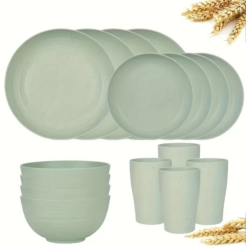 Wheat Straw Dinnerware Set 16 or 32 Piece – Plates & Bowls for 4 or 8 People, Microwave & Dishwasher Safe Plastic Dish Set, Lightweight Colorful Tableware for Home, Party & Holiday