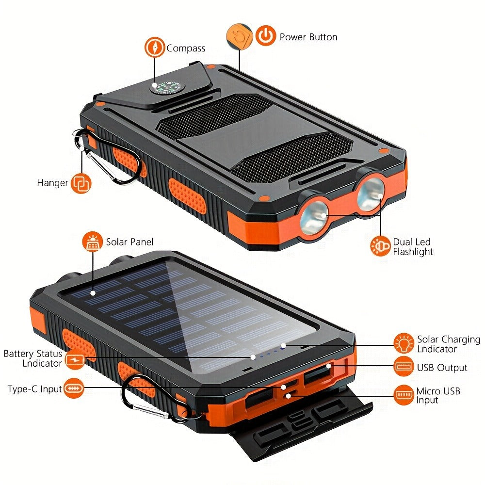 Solar Power Bank, 45800mAh QC3.0 Dual-USB Charger with Solar Panel, LED Flashlight and Five Color Options