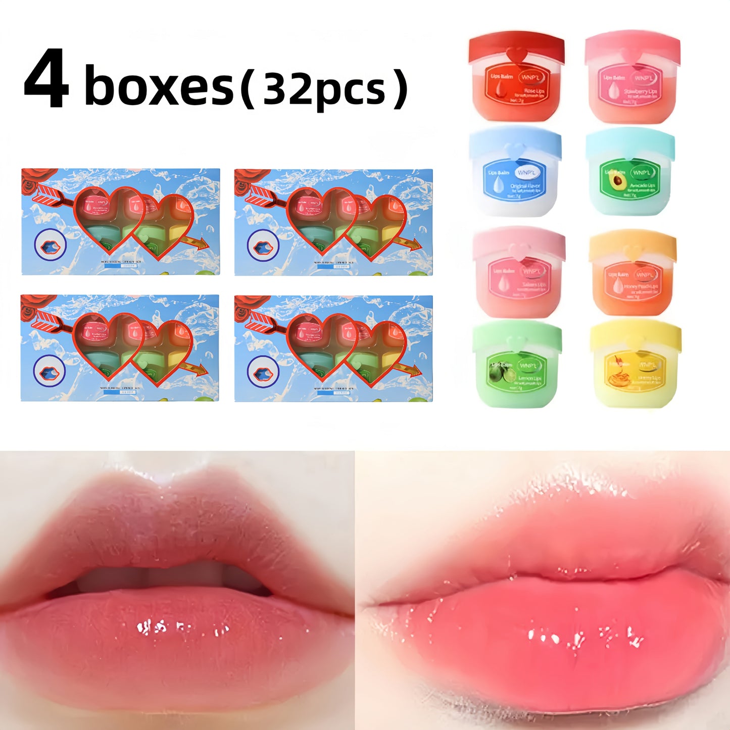 32-Piece Mini Pot Lip Balm Set with Eight Pictured Colors in Four Boxed Assortments and Heart Carton