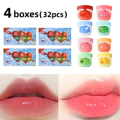 32-Piece Mini Pot Lip Balm Set with Eight Pictured Colors in Four Boxed Assortments and Heart Carton