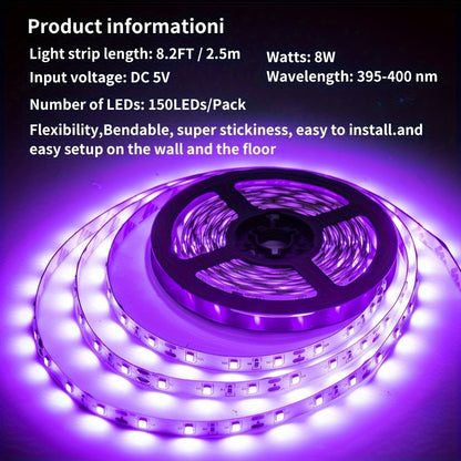 UV Black Light Bars & Strips 8-Piece Set – 385-400nm USB Powered 5V LED Blacklight for Glow Party, Halloween, Neon Party, Body Paint & Fluorescent Art (4x32cm + 4x250cm)
